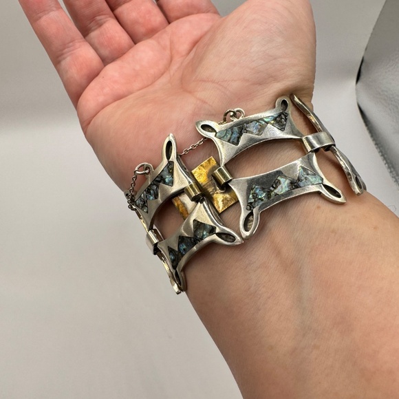 Vintage Taxco Mexican 925 Sterling inlaid with Abalone brutalist bracelet. - Picture 8 of 10